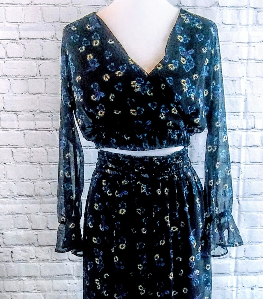 🦊SM sheer boho skirt top set black yellow floral